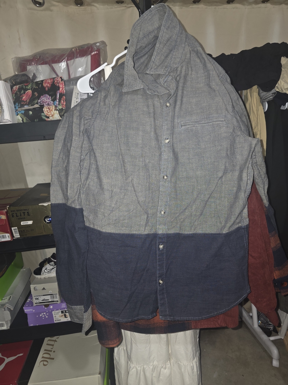 Adriano Goldschmied Two-Tone Button-Up Shirt in Light Gray and Navy